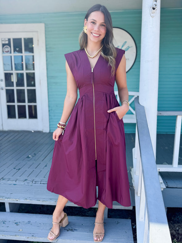 The Starla Zipper Midi Dress-Wine