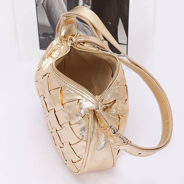 Faux Metallic Leather Braided Embossed Shoulder Bag
