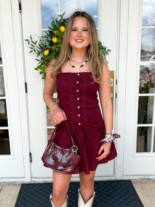 maroon button down dress with bow detail 