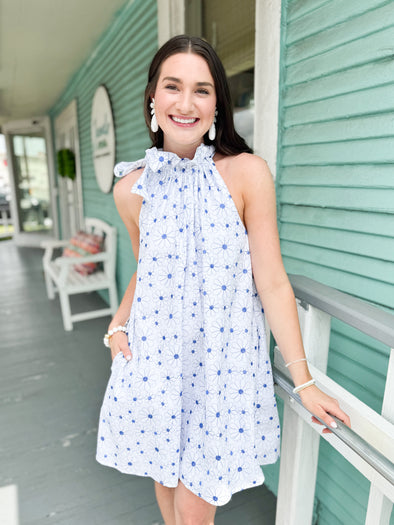 The Gracie Daisy Neck Tie Dress-White