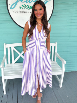 (THML) The Veronica Stripe Zip Midi Dress-Pink
