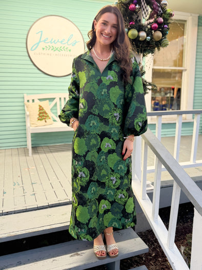 The Sierra Floral Puff Sleeve Midi Dress-Green