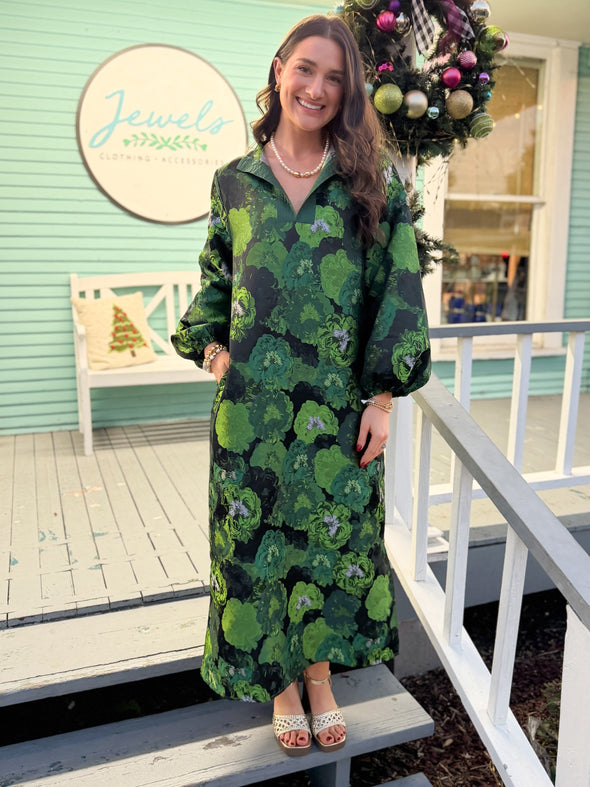 The Sierra Floral Puff Sleeve Midi Dress-Green