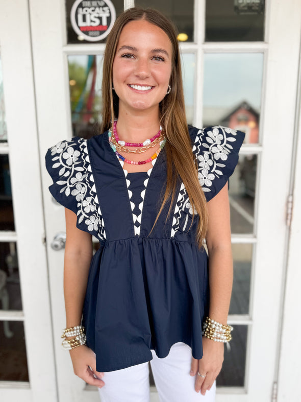 The Hillary Embroidered Top-Navy