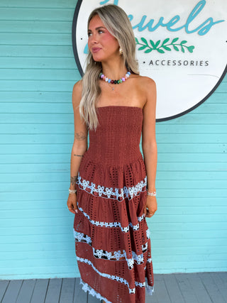 The Nia Eyelet Smocked Midi Dress-Chocolate