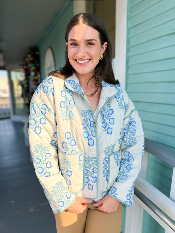 The Georgia Floral Quilted Jacket-Blue