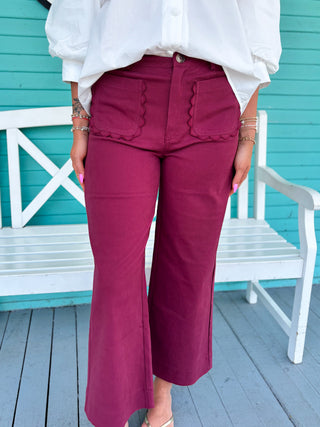 The Nancy Scalloped Pocket Pant-Burgundy