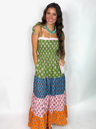 (THML) The Anabel Printed Tie Strap Midi Dress-Green