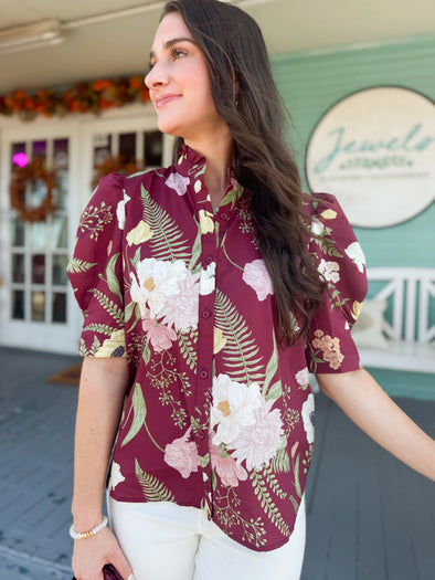 The Trevor Floral Top-Merlot