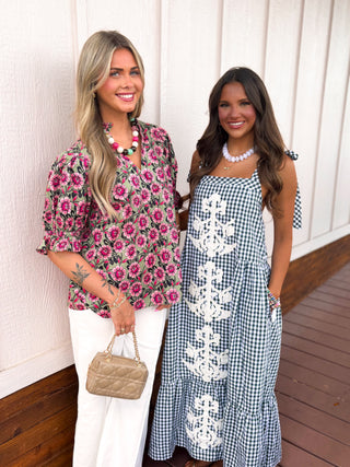 forrest green gingham dress with self tie sleeves