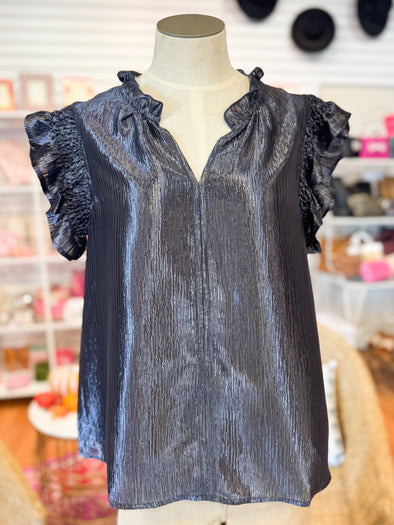 The Aubrey Metallic Ruffle Top-Navy