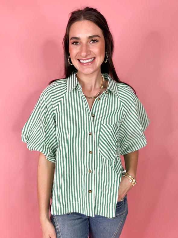 green and white stripe bubble sleeve top 