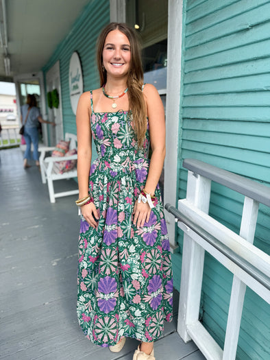 green and purple floral print dress