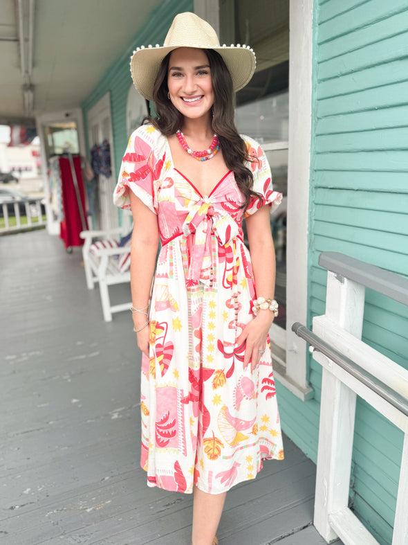 The Mariah Tropical Midi Dress-Red