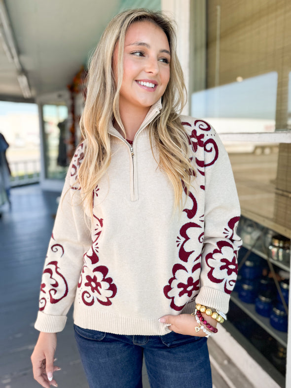 The Ella Flower Accent Sweater-Oatmeal