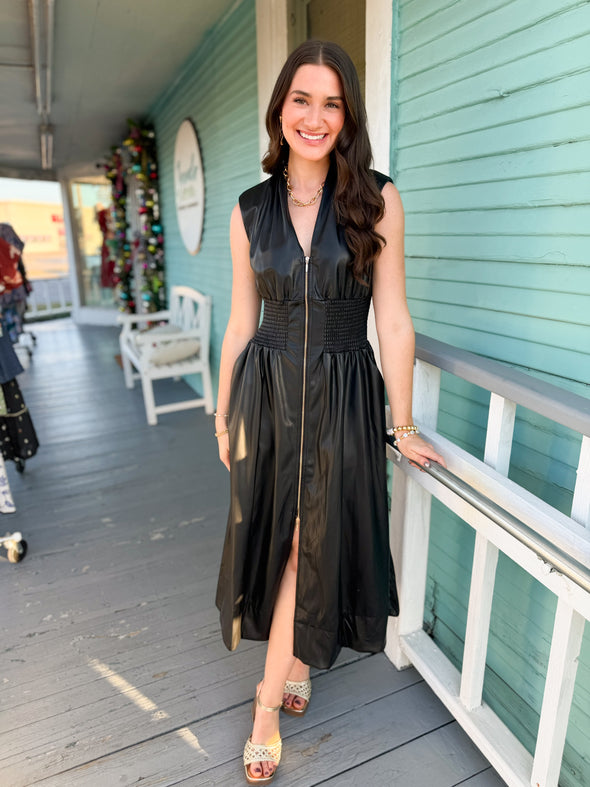 The Ray Smocked Faux Leather Dress-Black
