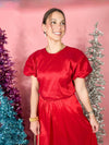 shiny red bubble sleeve top 
