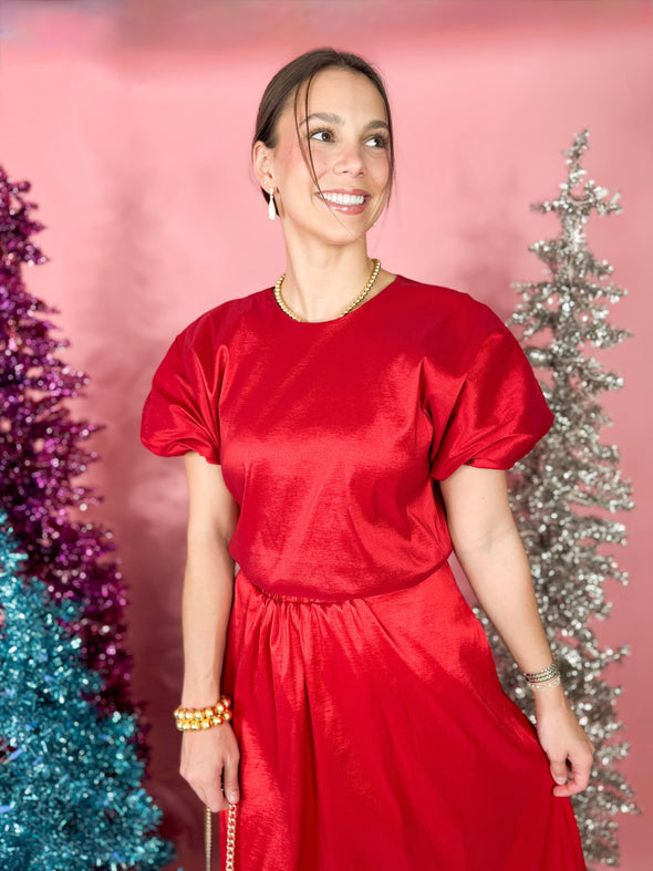 shiny red bubble sleeve top 