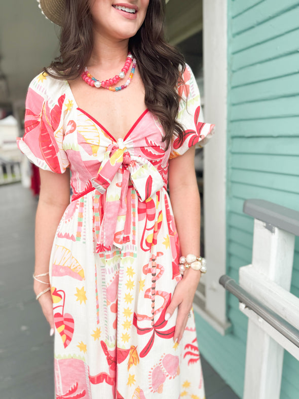 The Mariah Tropical Midi Dress-Red