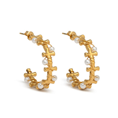 Chunky Cross Pearl Hoop Earring-Gold