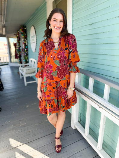 The Ash Floral Shift Mini Dress-Rust