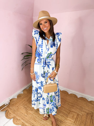 blue and white belted midi dress