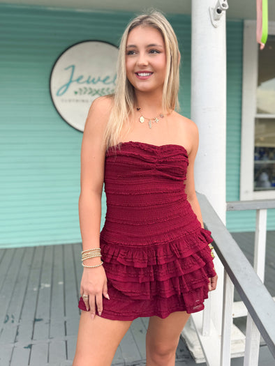 The Ava Strapless Romper Dress-Merlot