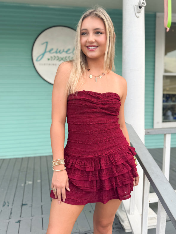 The Ava Strapless Romper Dress-Merlot