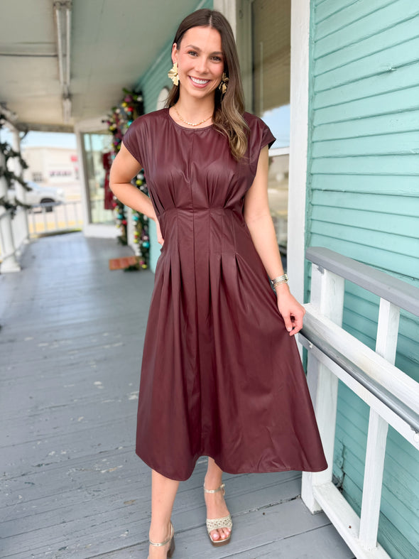 (THML) The Lucy Leather Midi Dress-Burgundy