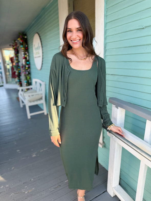 The Terry Ribbed Dress Set-Green