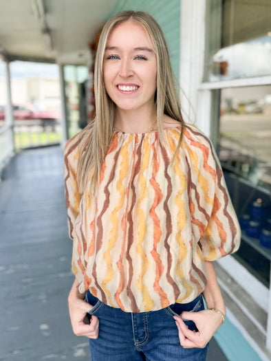 orange brown yellow and cream stripe top 