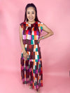multi color geometric square maxi skirt with smocked waist 