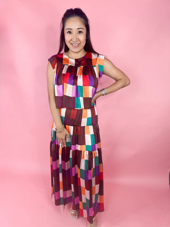 multi color geometric square maxi skirt with smocked waist 