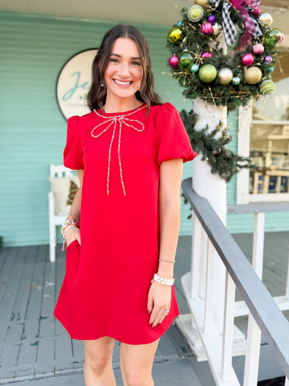 The Ann Crystal Bow Mini Dress-Red
