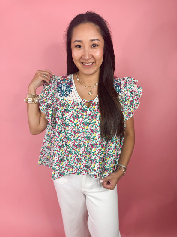 (THML) The Miley Floral Top-Teal