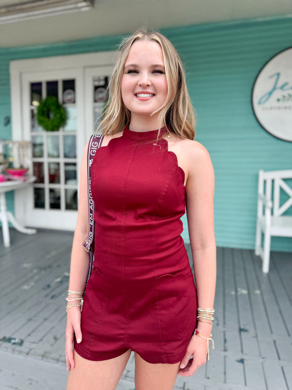 The Francie Scalloped Romper-Maroon
