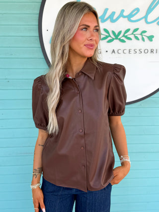 The Briana Button Down Leather Top-Brown