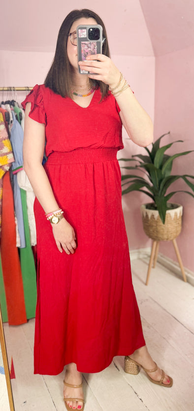 The Henry Midi Ruffle Dress-Red