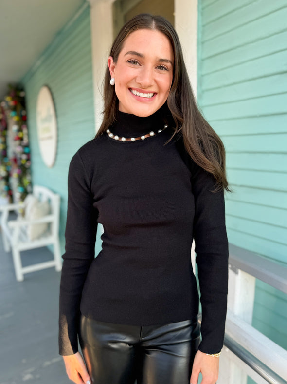 The Jewel Pearl Trim Sweater-Black