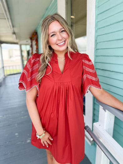 The Ella Embroidered Mini Dress-Rust