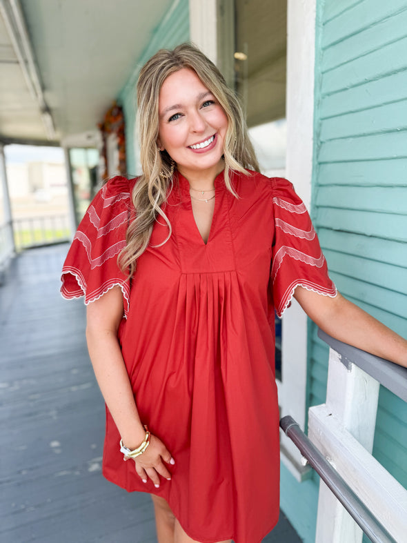 The Ella Embroidered Mini Dress-Rust