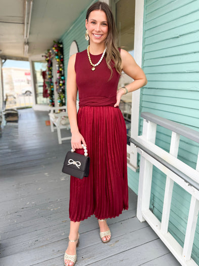 burugndy mixed media sweater and satin midi dress 