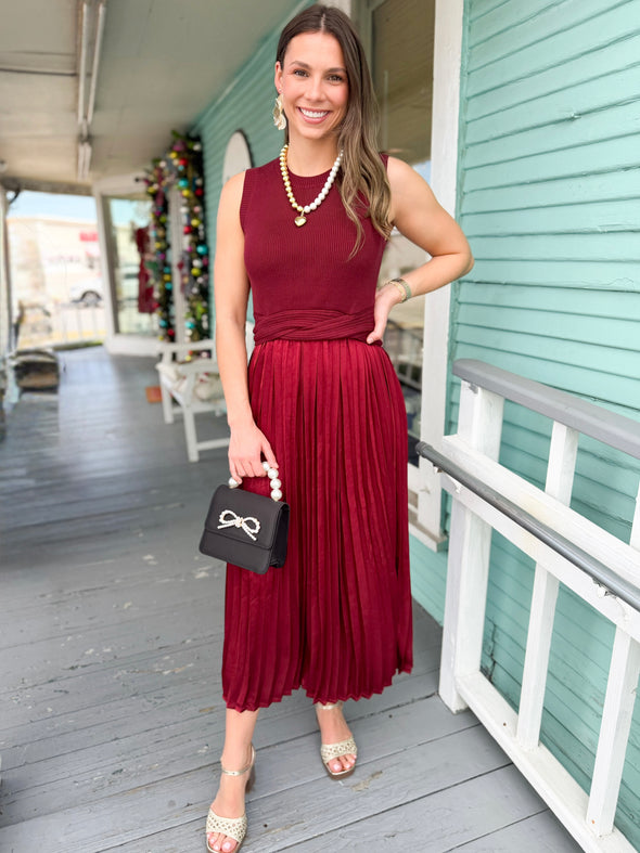 burugndy mixed media sweater and satin midi dress 