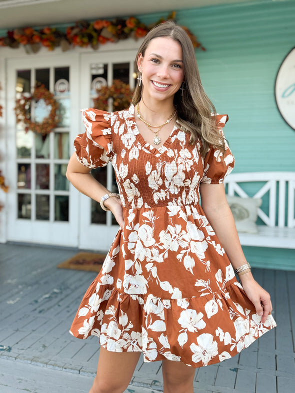 The Bella Floral Mini Dress-Rust/Cream