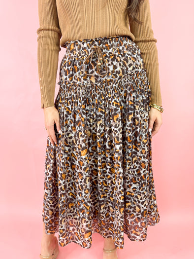 leopard tiered midi skirt by THML 