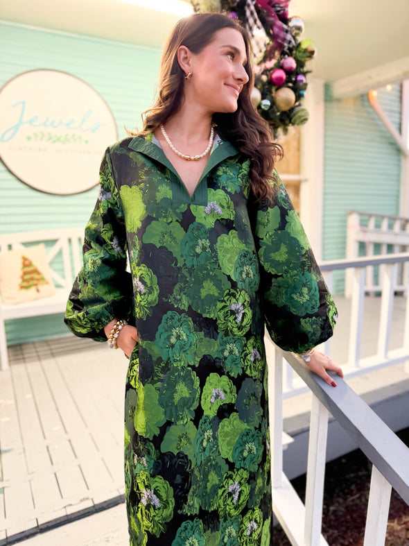 The Sierra Floral Puff Sleeve Midi Dress-Green