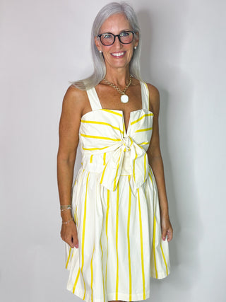 yellow and white stripe dress with bow detail 