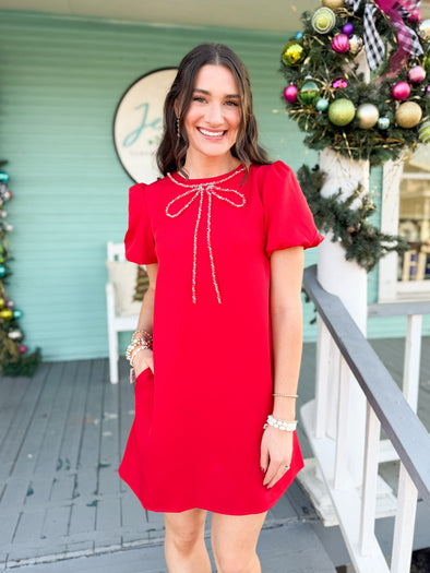 The Ann Crystal Bow Mini Dress-Red
