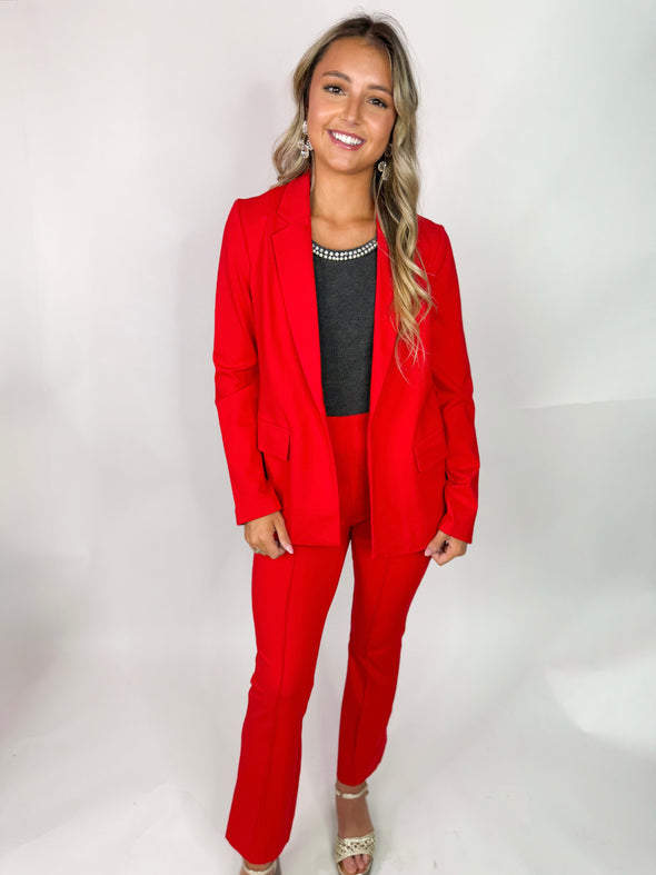 red blazer and pant set 