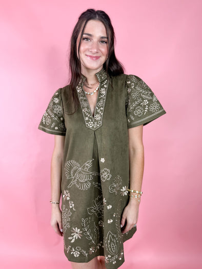 (THML) The Hails Embroidered Suede Dress-Olive